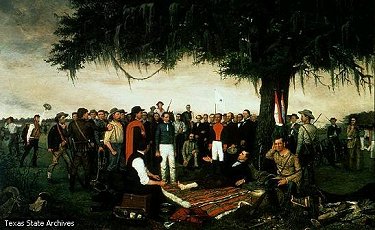 William Huddle's 1886 depiction of the end of the Texas Revolution shows Mexican General Santa Anna surrendering to the wounded Sam Houston after the Battle of San Jacinto in 1836. The Revolution lasted less than one year but resulted in a great loss of territory for the Mexicans. Following the Revolution, Texas proclaimed itself a republic affiliated with neither the United States nor Mexico.