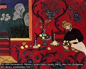 Red Room (Harmony in Red) (1908-1909) by the French artist Henri Matisse is an example of postimpressionist painting, using color and line to express the artist's personal vision. The process Matisse used to create this painting involved constantly checking his own reactions to the piece unfolding before him as he worked and continuing in this manner until the painting 